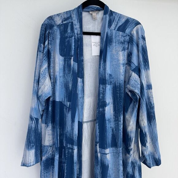 Logo Lori Goldstein Duster Cardigan Womens 3XP Pockets Watercolor Artsy Draped - Picture 2 of 9